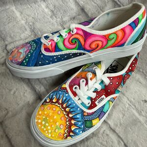 Custom Hand Painted Vans Sun Earth Mushrooms Peace Rainbow Women's Size 7 Shoes